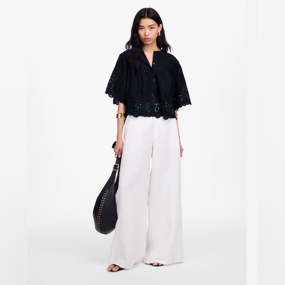 NWT Madewell Embroidered Shirred Henley Top | Black | XXS